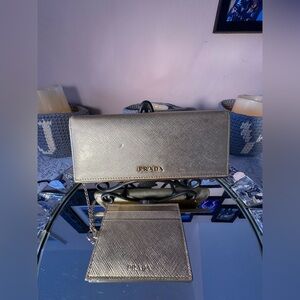 Prada Continental Flap Metallic Gold Wallet With Removable Chained Card Wallet.